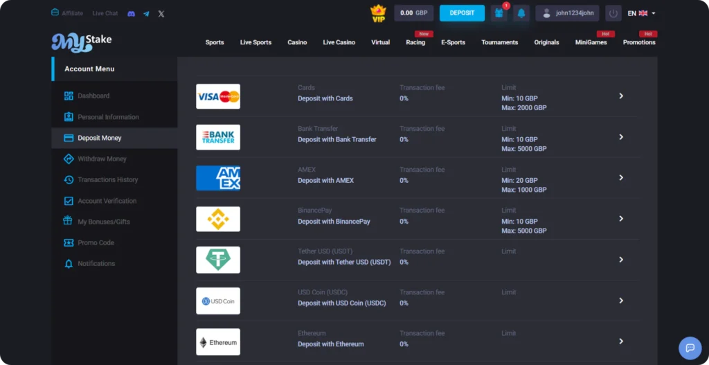 MyStake cashier Visa deposit payment options screen