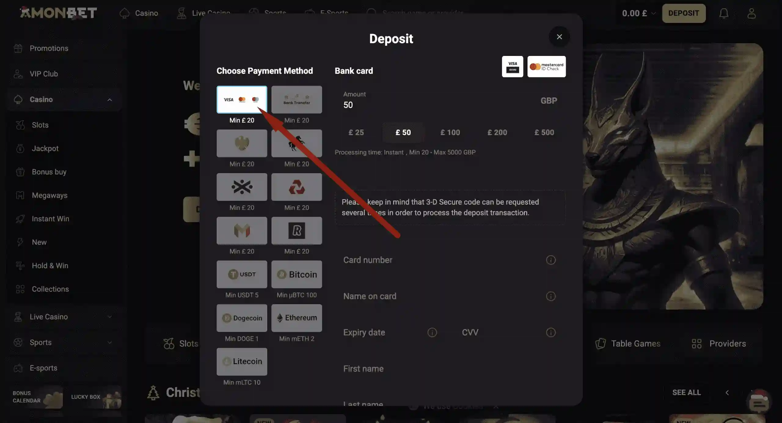 Amonbet Visa method