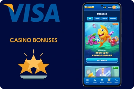 The Spinfin Casino bonuses page lists the welcome package, free spins and reload offers