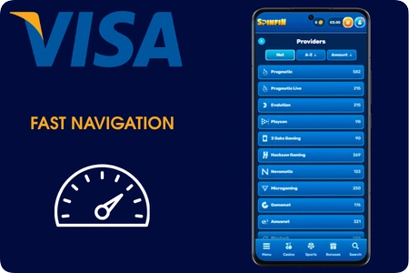 The Spinfin Casino search bar and provider filter narrow 8 500 titles in two taps