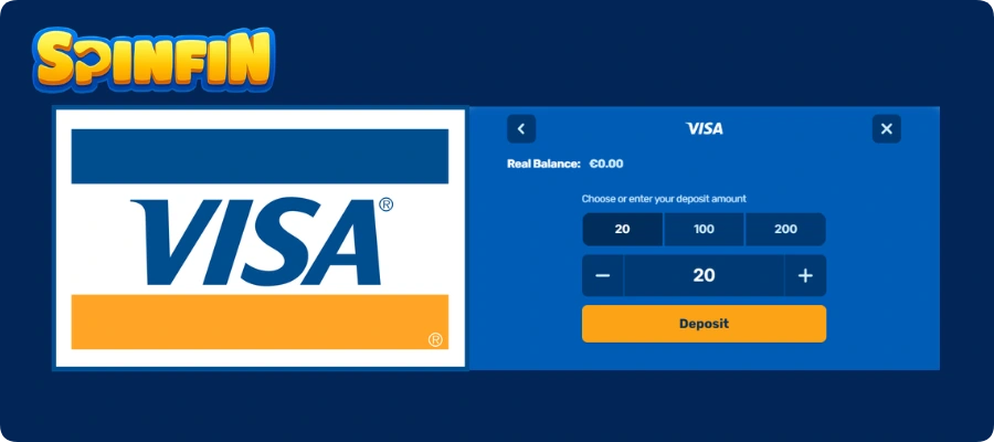 Visa deposits at Spinfin Casino start at £10 and clear instantly at the cashier